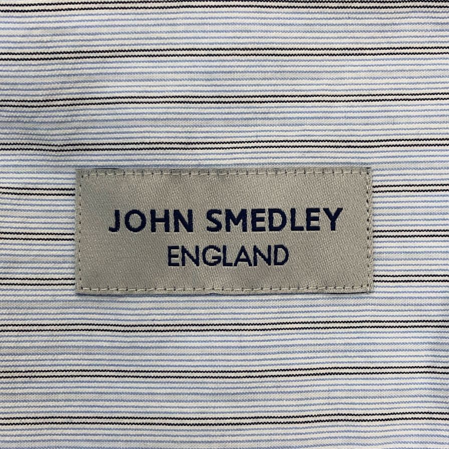 新品同様◆ジョンスメドレー シャツ ノーカラー バンドカラー 長袖 ストライプ メンズ ブルー系 サイズL JOHN SMEDLEY 【AFB2】