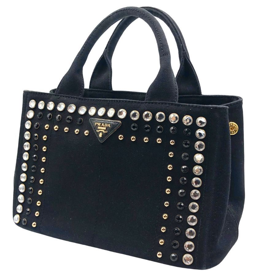 プラダ トートバッグ カナパ ビジュー B24390 ラインストーン スタッズ NERO キャンバス ブラック PRADA【AFE10】