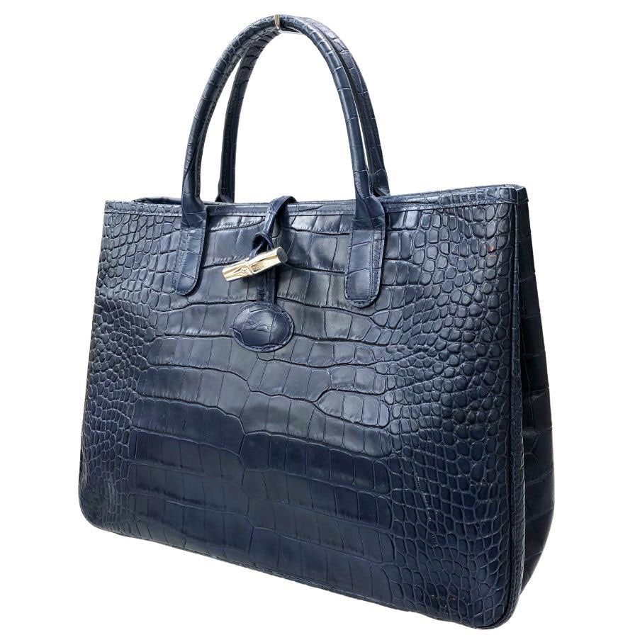 ロンシャン トートバッグ ロゾ クロコ型押し カーフ 内側総柄 ネイビー LONGCHAMP【AFE10】