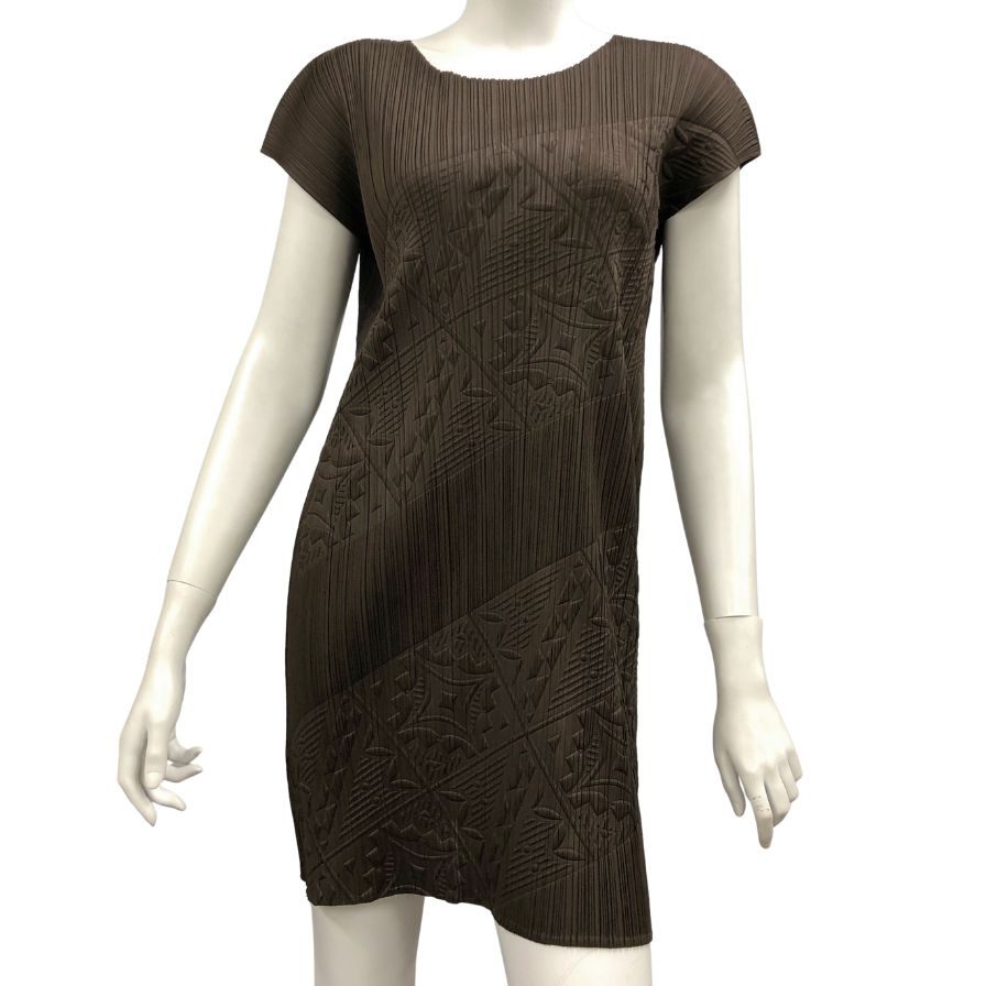極美品◆プリーツプリーズ ノースリーブワンピース エンボス柄 ブラウン サイズ3 PP21-JT615 PLEATS PLEASE ISSEY MIYAKE 【AFB10】