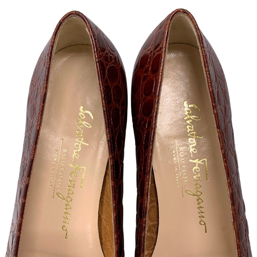 サルヴァトーレフェラガモ ヒールパンプス ヴァラ 型押し ブラウン レディース サイズ7C Salvatore Ferragamo 約24.5cm【AFC29】