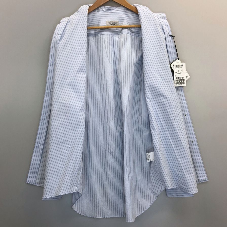 新品同様◆ジョンスメドレー シャツ ノーカラー バンドカラー 長袖 ストライプ メンズ ブルー系 サイズL JOHN SMEDLEY 【AFB4】