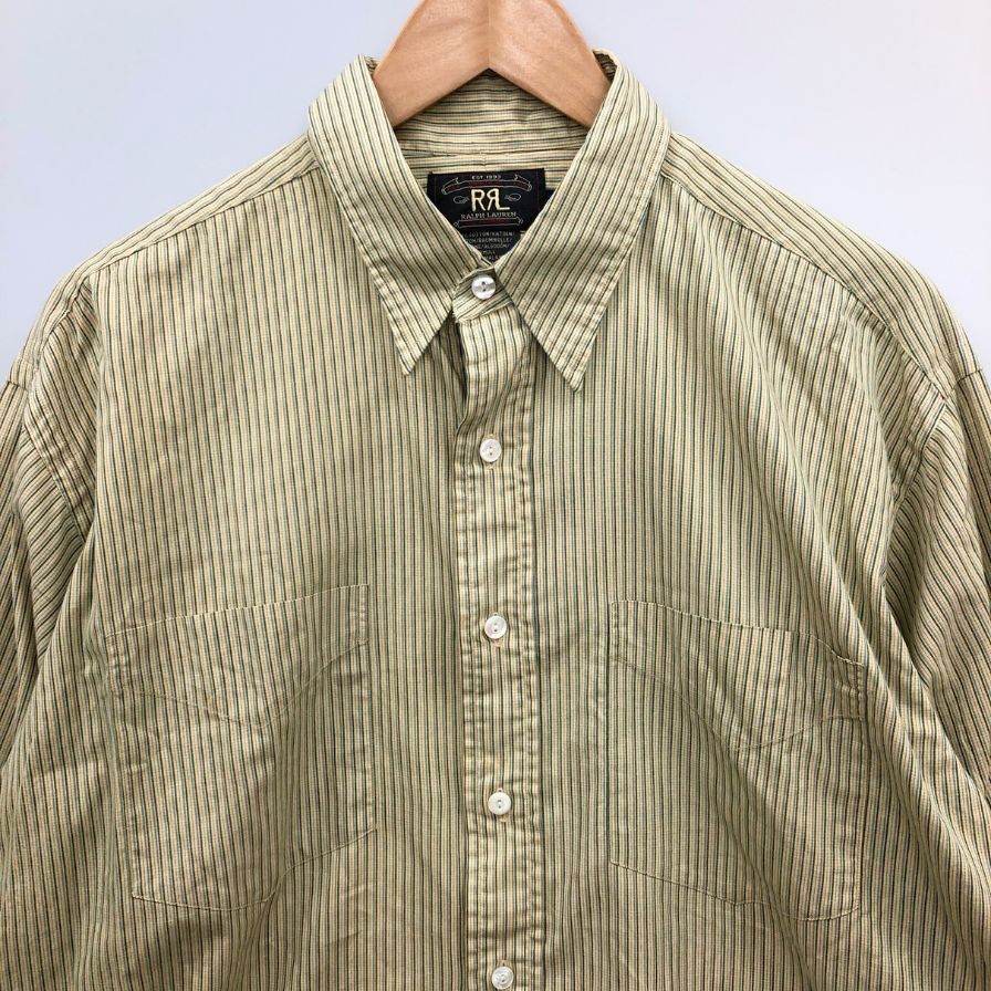 中古◆ダブルアールエル ラルフローレン 90S ストライプシャツ 三ツ星タグ ベージュ サイズM メンズ RRL RALPH LAUREN 【AFB37】