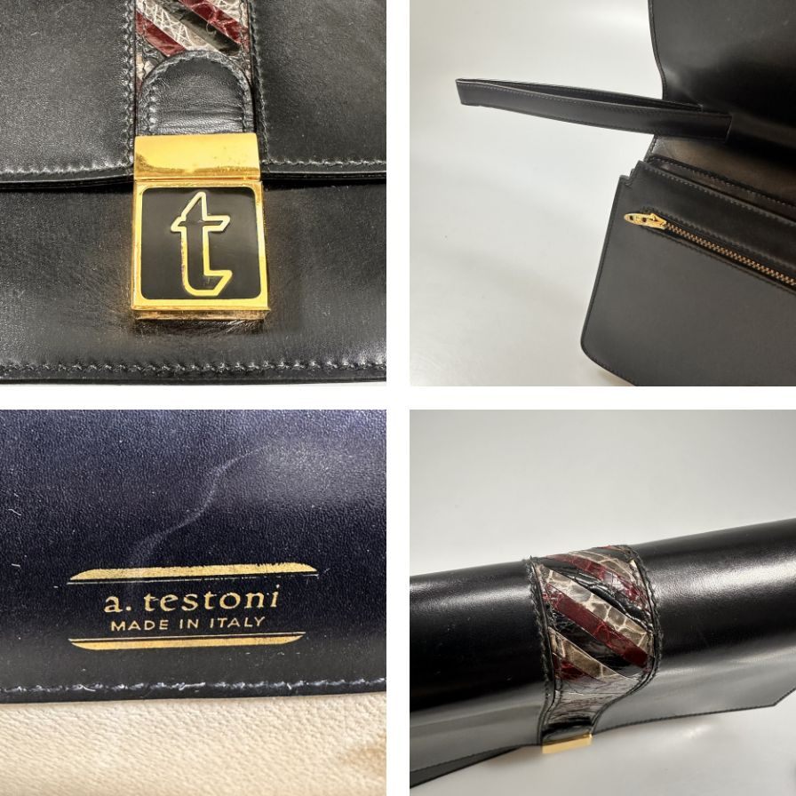 テストーニ ポーチ レザー コンビ クロコ型押し ブラック a.testoni【AFE5】【中古】