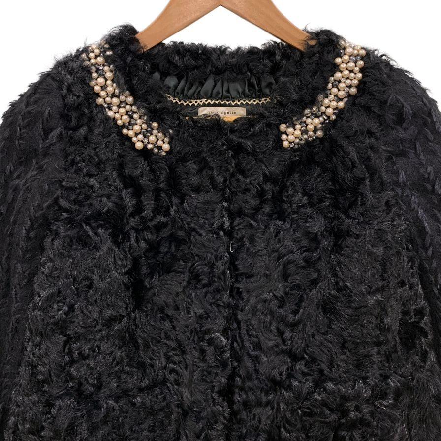 極美品◆ルールロジェット ファー ボレロ ジャケット ラムファー ビジューあしらい 日本製 レディース サイズ1 ブラック leur logette 【AFB32】
