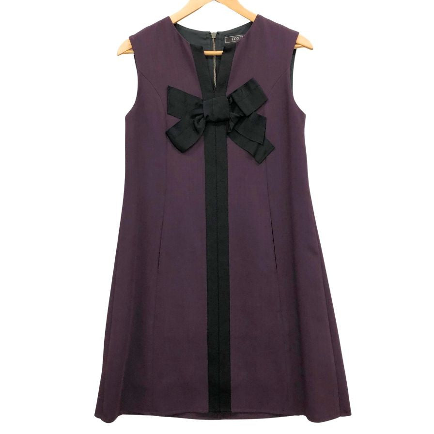 美品◆フォクシー ワンピース 25490 ノースリーブ ウール リボン デザイン パープル レディース サイズ40 FOXEY 【AFB41】