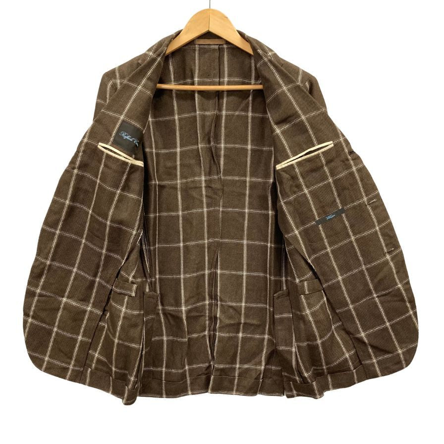 美品◆カルーソ ジャケット 3B チェック リネン シルク ブラウン サイズ44 CARUSO 【AFB20】