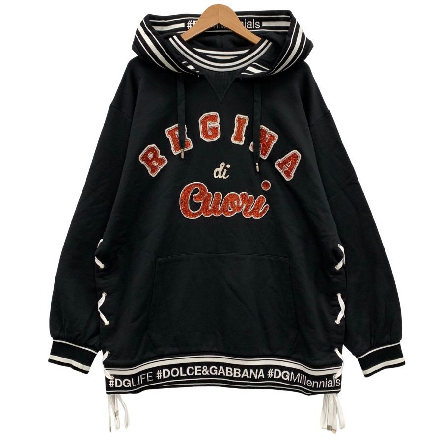 極美品◆ドルチェ&ガッバーナ ビーズ フーディー ロング丈 サイド編み紐 レディース サイズ42 ブラック DOLCE&GABBANA 【AFA7】