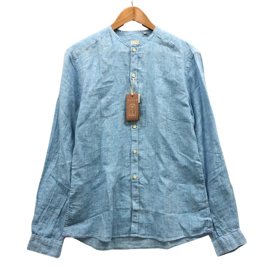 極美品◆ザッカス ノーカラーシャツ リネン メンズ サイズ41 ブルー XACUS 【AFB47】