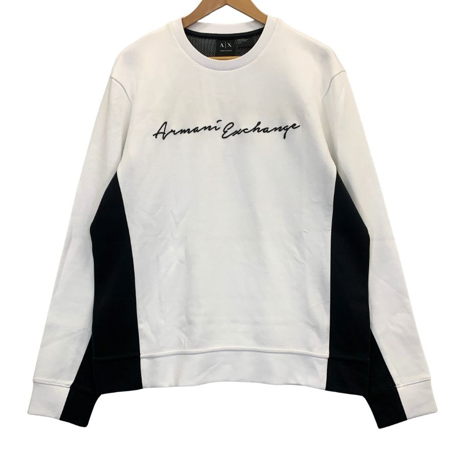 中古◆アルマーニ エクスチェンジ トレーナー 切替 刺繍 ロゴ クルーネック スウェット ホワイト メンズ サイズL ARMANI EXCHANGE 【AFB9】