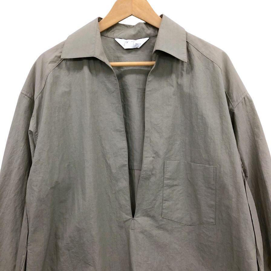 極美品◆アンセルム スキッパー ロングシャツ 長袖シャツ プルオーバー コットン リネン カーキ サイズ1 Ancellm 【AFB46】