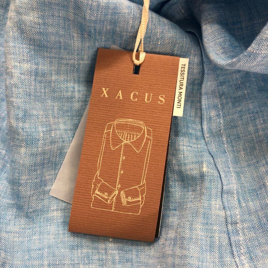 極美品◆ザッカス ノーカラーシャツ リネン メンズ サイズ41 ブルー XACUS 【AFB47】