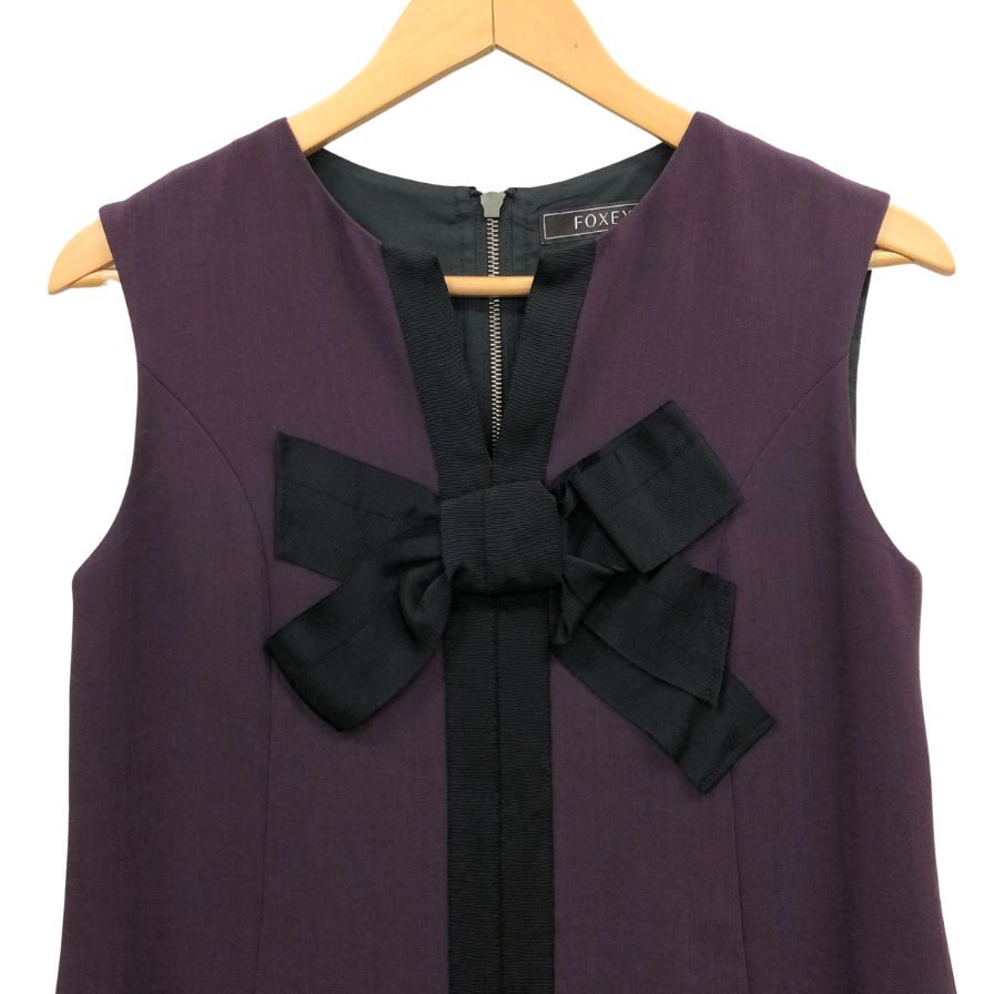 美品◆フォクシー ワンピース 25490 ノースリーブ ウール リボン デザイン パープル レディース サイズ40 FOXEY 【AFB41】