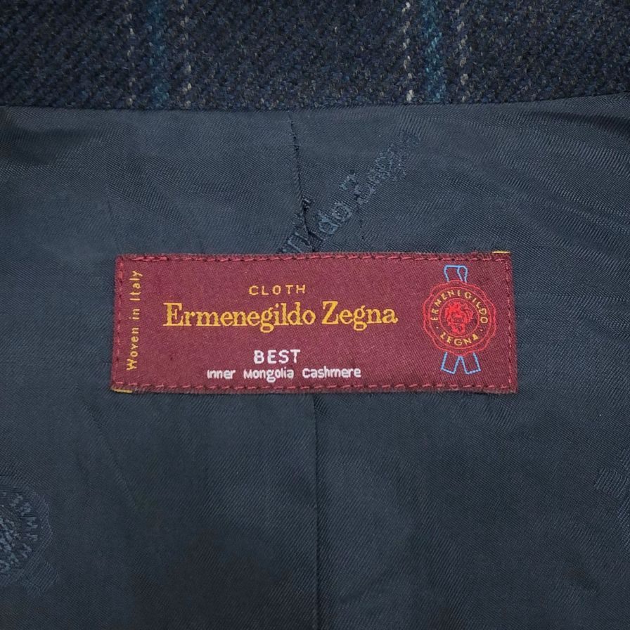 美品◆エルメネジルドゼニア テーラードジャケット チェック カシミア オーダー メタルボタン ネイビー メンズ サイズM相当 Ermenegildo Zegna 【AFB21】