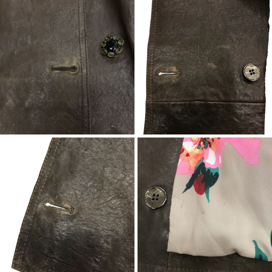 美品◆ドルチェ&ガッバーナ レザーブルゾン ダブル ビジューボタン 裏地花柄 ラムスキン レディース サイズS ブラウン DOLCE&GABBANA 【AFB30】