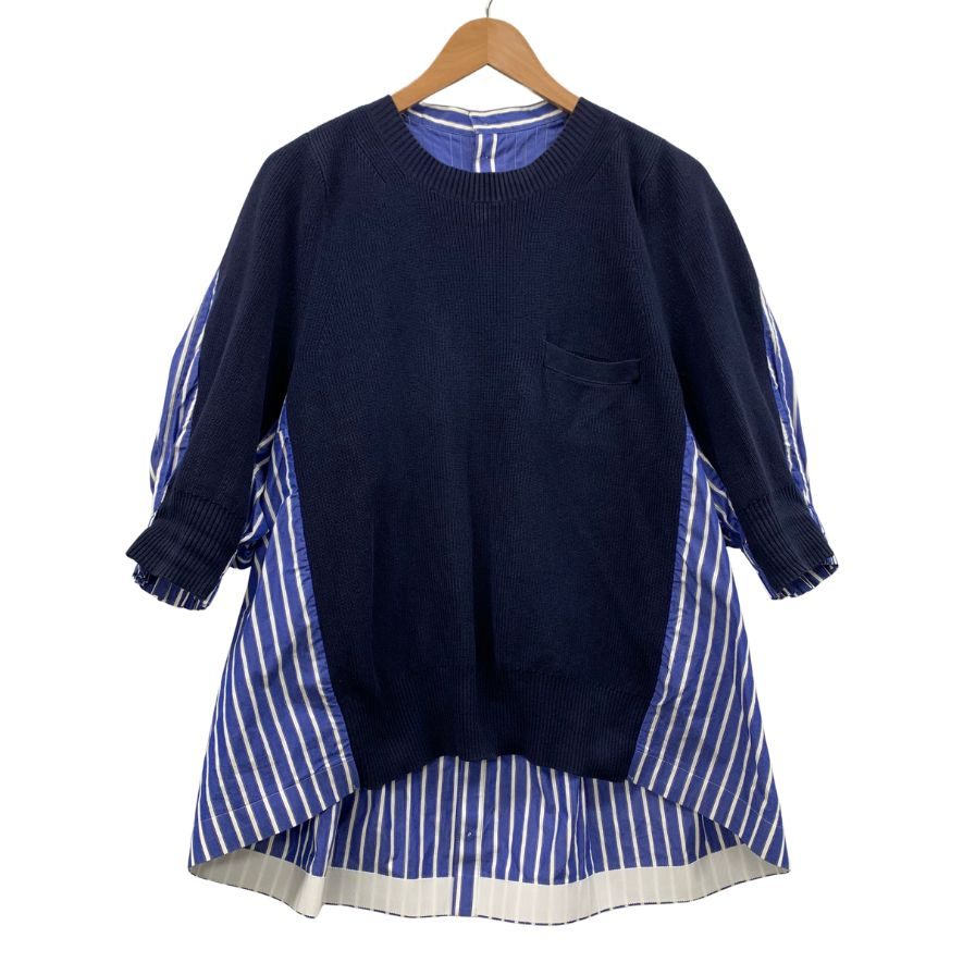 美品◆サカイ 半袖シャツ ニット切り替え ネイビー系 レディース サイズ3 SCW-014 Sacai 【AFB49】