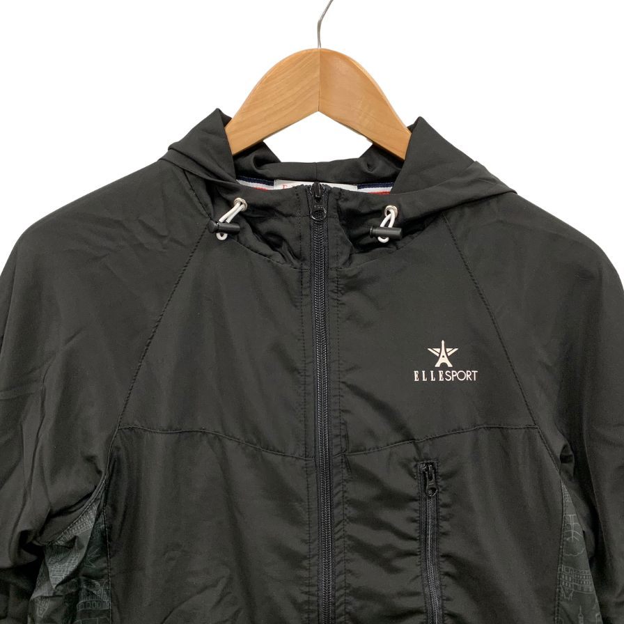 美品◆エルスポーツ パーカー 柄切替 裏地起毛 ブラック レディース サイズM ELLE SPORTS 【AFB21】