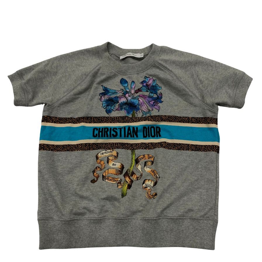 中古◆クリスチャンディオール スウェット クルーネック 半袖 フラワー刺繍 レディース グレー Christian Dior レディース【AFB14】