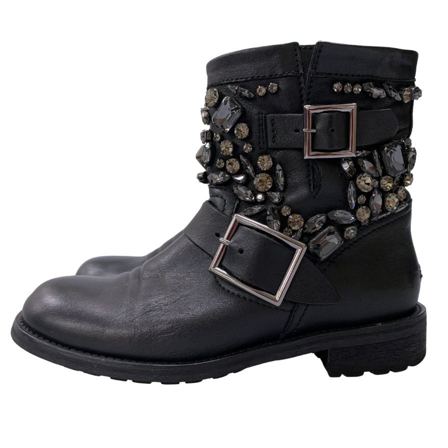 ジミーチュウ バイカーブーツ クリスタル カーフ サイズ35 レディース ブラック JIMMY CHOO 約22.5cm【AFC6】