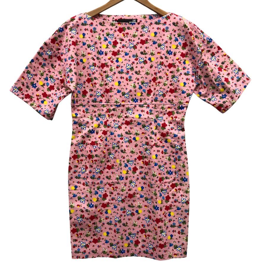 美品◆ラブモスキーノ ワンピース 半袖 花柄 コットン エラスタン サイズ46 レディース ピンク LOVE MOSCHINO 【AFB9】