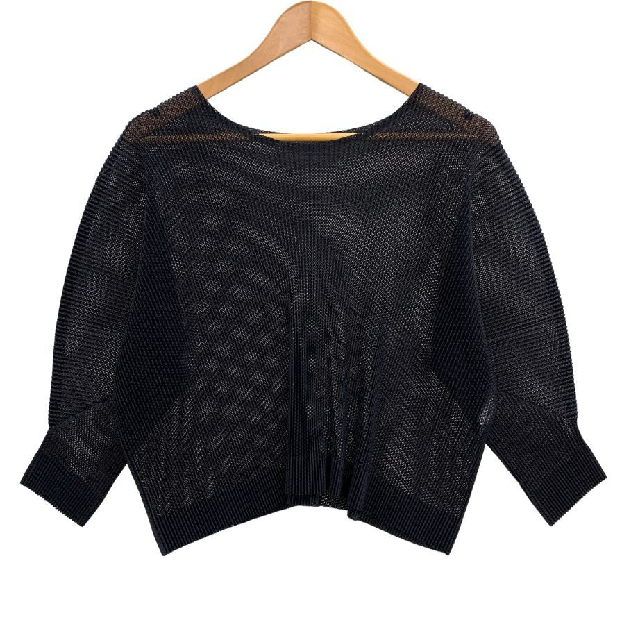 極美品◆プリーツプリーズ イッセイミヤケ メッシュ カットソー PP53-FK252 レディースサイズ 3 ブラック PLEATS PLEASE ISSEY MIYAKE MADE IN JAPA 【AFB21】
