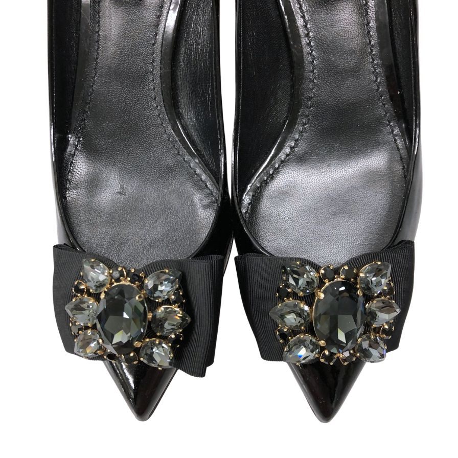 ドルチェ&ガッバーナ エナメル パンプス ビジューリボン レディース サイズ36 ブラック DOLCE&GABBANA 約22.5cm【AFC46】