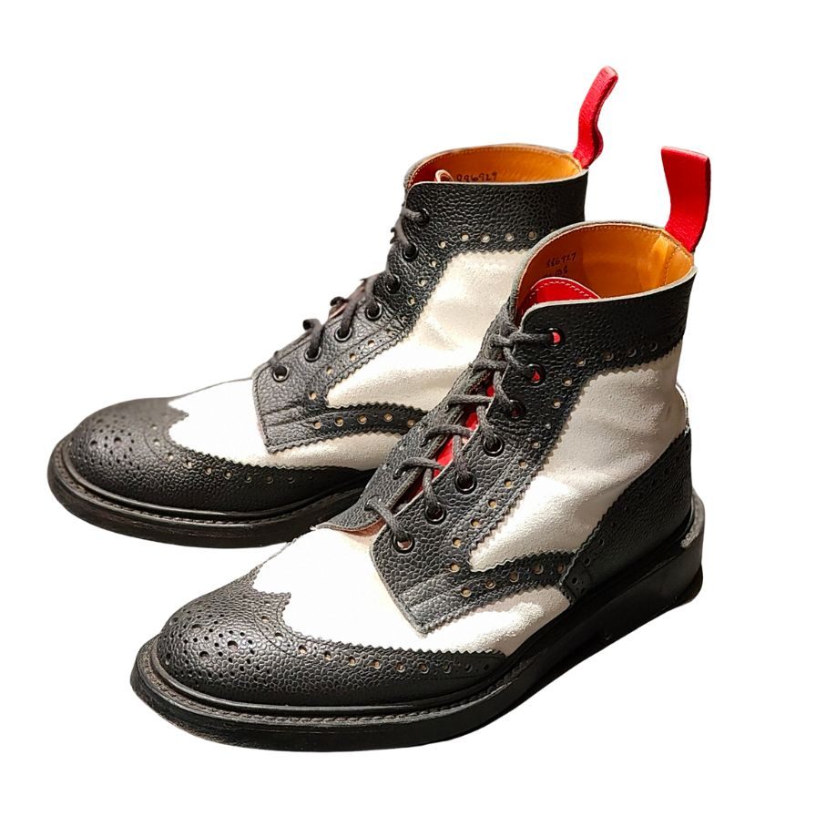トリッカーズ レザーシューズ カントリーブーツ M2508 パターンオーダー 白赤黒 カーフスエードコンビ サイズ UK6.5 Tricker’s ブーツ 約25.0cm【LA】【中古】