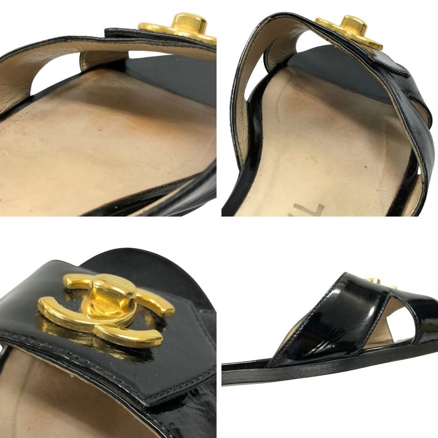 シャネル フラットサンダル パテントレザー ブラック ココマーク G金具 レディース サイズ36 CHANEL 約22.5cm【AFC44-2】