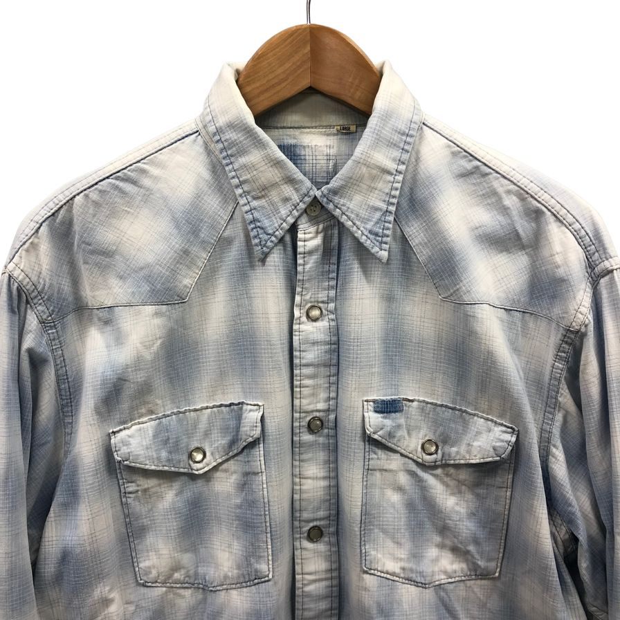 中古◆ノーブランド ヴィンテージ ウエスタンシャツ オンブレチェック ブルー系 タグなし メンズ サイズL 【AFB30】