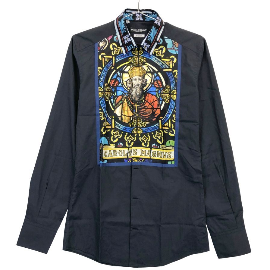 美品◆ドルチェ&ガッバーナ ゴールド ロングスリーブシャツ グラフィック CAROLVS MAGNVS メンズ サイズ37 DOLCE&GABBANA 【AFB1】