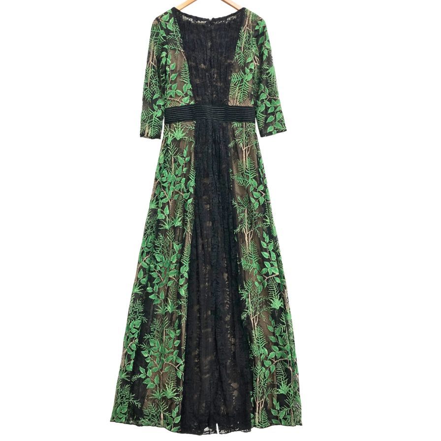 極美品◆タダシショージ ドレス レーヨン 葉っぱ柄 刺繍 レース レディース ブラック サイズ2 総柄 TADASHI SHOJI 【AFB4】