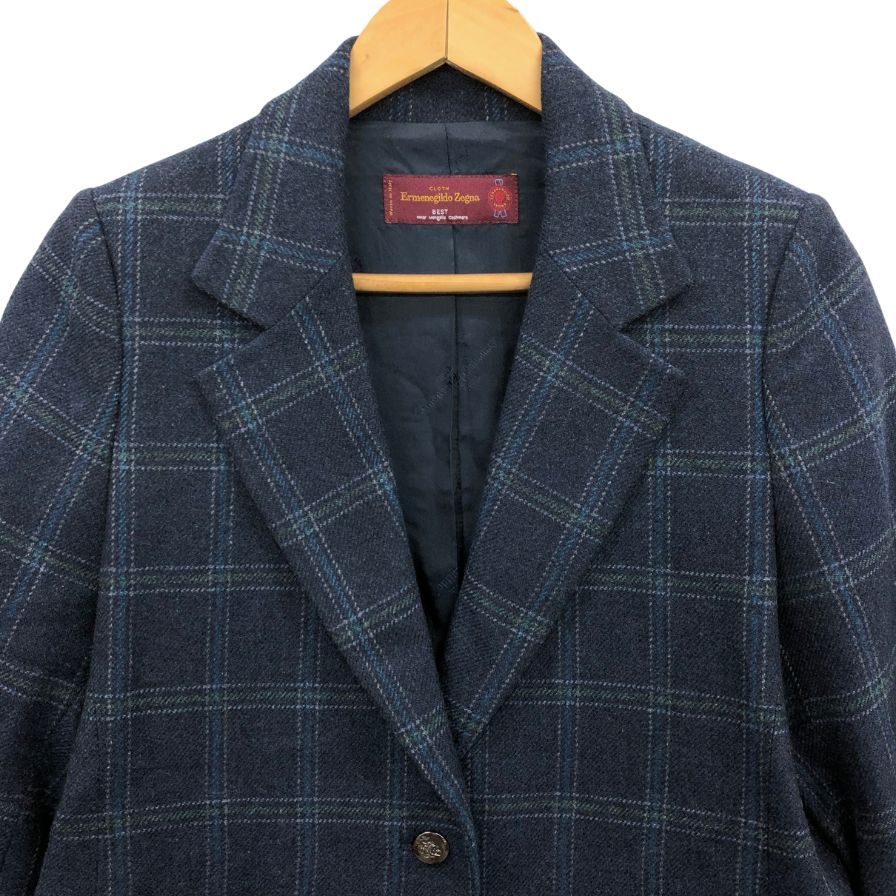 美品◆エルメネジルドゼニア テーラードジャケット チェック カシミア オーダー メタルボタン ネイビー メンズ サイズM相当 Ermenegildo Zegna 【AFB21】