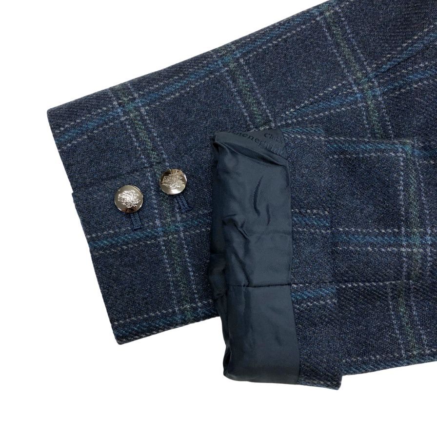 美品◆エルメネジルドゼニア テーラードジャケット チェック カシミア オーダー メタルボタン ネイビー メンズ サイズM相当 Ermenegildo Zegna 【AFB21】