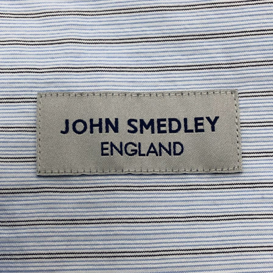 新品同様◆ジョンスメドレー シャツ ノーカラー バンドカラー 長袖 ストライプ メンズ ブルー系 サイズM JOHN SMEDLEY 【AFB36】