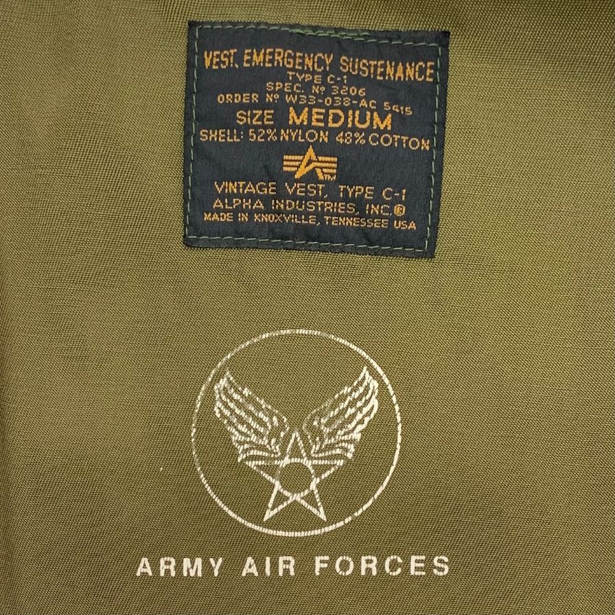 中古◆アルファインダストリーズ ベスト C-1 ヴィンテージ アーミー エアフォース カーキ メンズ サイズM ALPHA INDUSTRIES 【AFB51】