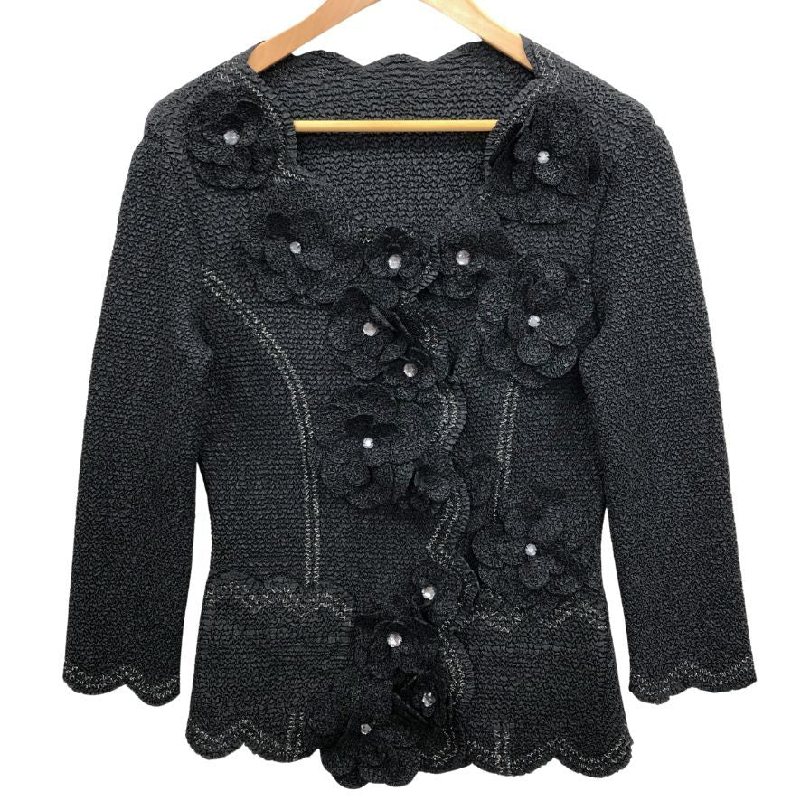 極美品【ノコオーノ】プリーツ リボンモチーフ ノーカラージャケット Aライン42 極美品【ノコオーノ】プリーツ リボンモチーフ ノーカラー