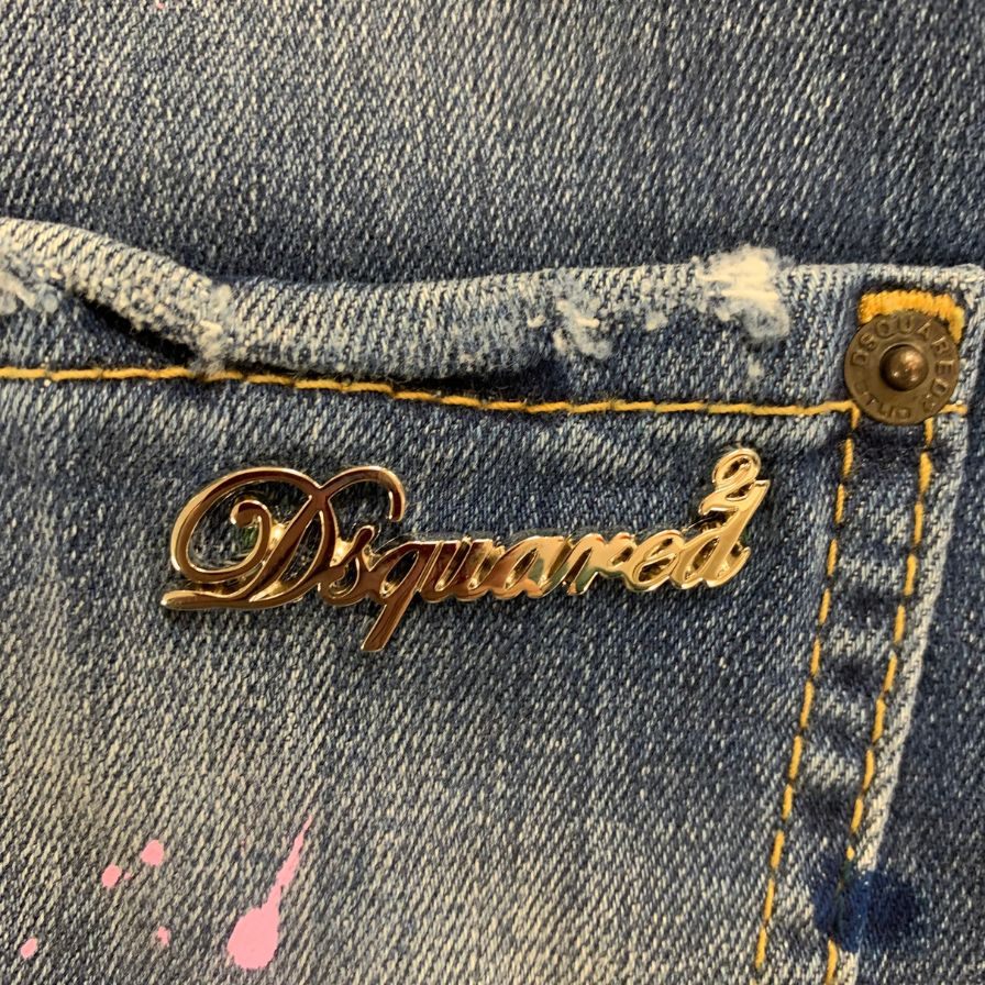 ディースクエアード デニムパンツ kenny jean S75LA0615 ロゴ金具 ペイント加工 クラッシュ加工 コットン ポリウレタン ブルー系 レディース サイズ38 DSQUARED2 【AFB21】