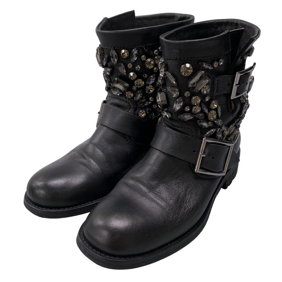 ジミーチュウ バイカーブーツ クリスタル カーフ サイズ35 レディース ブラック JIMMY CHOO 約22.5cm【AFC6】