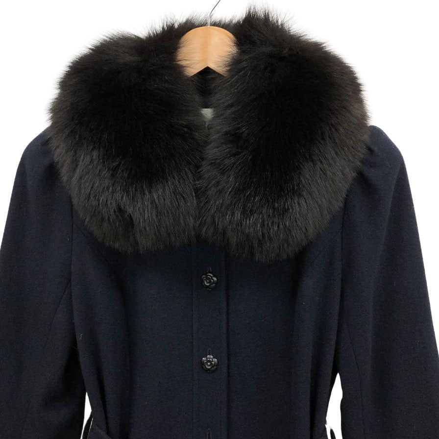 美品◆ルネ コート ウール フォックスファー カメリアボタン ベルテッド ロング ブラック ウール レディース サイズ34 Rene 【AFF23】