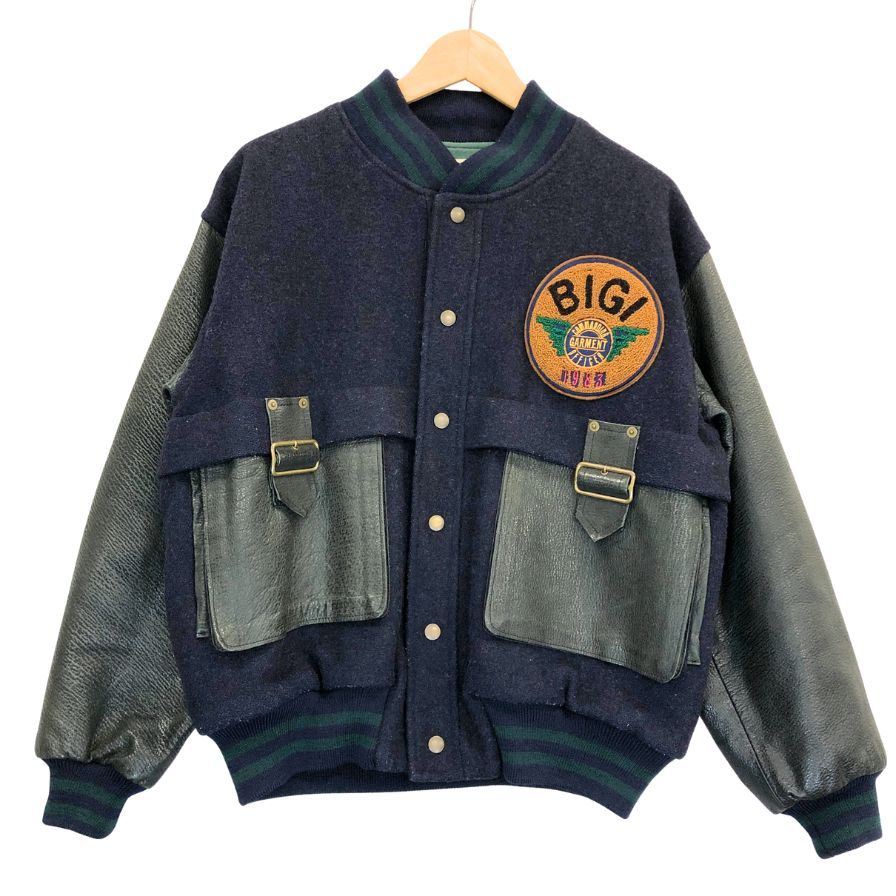 美品◆ビギ スタジャン ヴィンテージ レザー切替 ネイビー×ブラック メンズ サイズM BIGI 【AFG1】