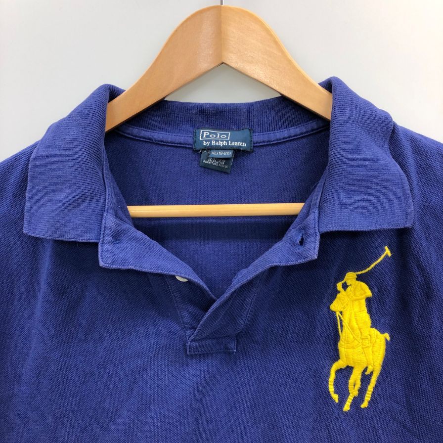 中古■ポロ ラルフローレン ポロシャツ ビッグポニー 刺繍 ロゴ 鹿の子 コットン ピケ ブルー メンズ サイズXL 18-20 POLO RALPH LAUREN 【AFB36】