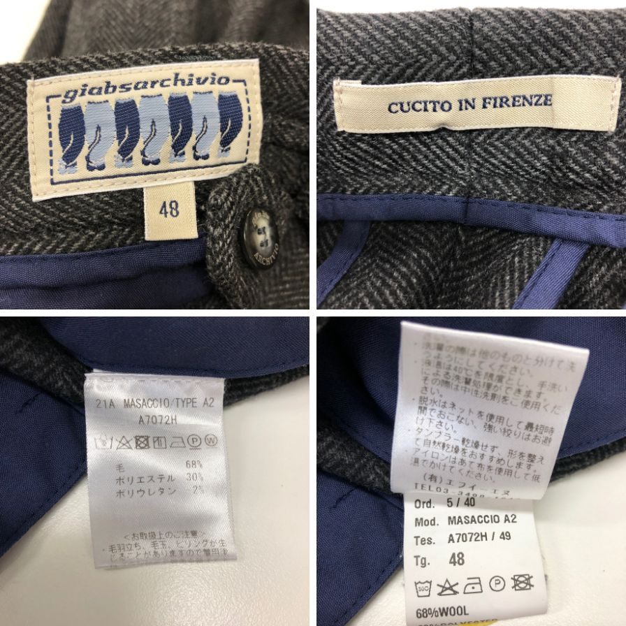 ジャブスアルキヴィオ タックパンツ マサッチョ グレー ウール メンズ サイズ48 MASACCIO TYPE A2 giab's ARCHIVIO 【AFB6】