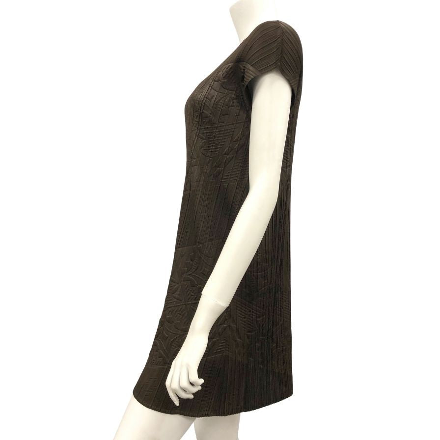 極美品◆プリーツプリーズ ノースリーブワンピース エンボス柄 ブラウン サイズ3 PP21-JT615 PLEATS PLEASE ISSEY MIYAKE 【AFB10】
