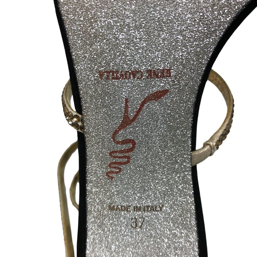 レネカオヴィラ ヒールサンダル スネーク ラインストーン ブラック×ゴールド レディース サイズ37 Rene Caovilla 約23.5cm【AFD2】