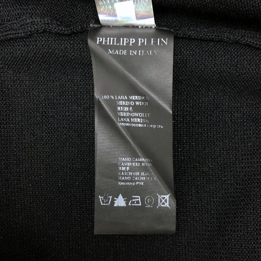 極美品◆フィリッププレイン カーデイガン スカルビジュー ウール100% レディース サイズL ブラック Philipp Plein 【AFB31】