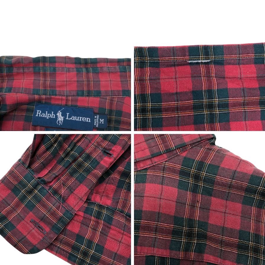 美品◆ラルフローレン 90S チェックシャツ ヴィンテージ レッド系 メンズ サイズM RALPH LAUREN 【AFB50】