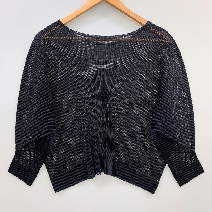 極美品◆プリーツプリーズ イッセイミヤケ メッシュ カットソー PP53-FK252 レディースサイズ 3 ブラック PLEATS PLEASE ISSEY MIYAKE MADE IN JAPA 【AFB21】