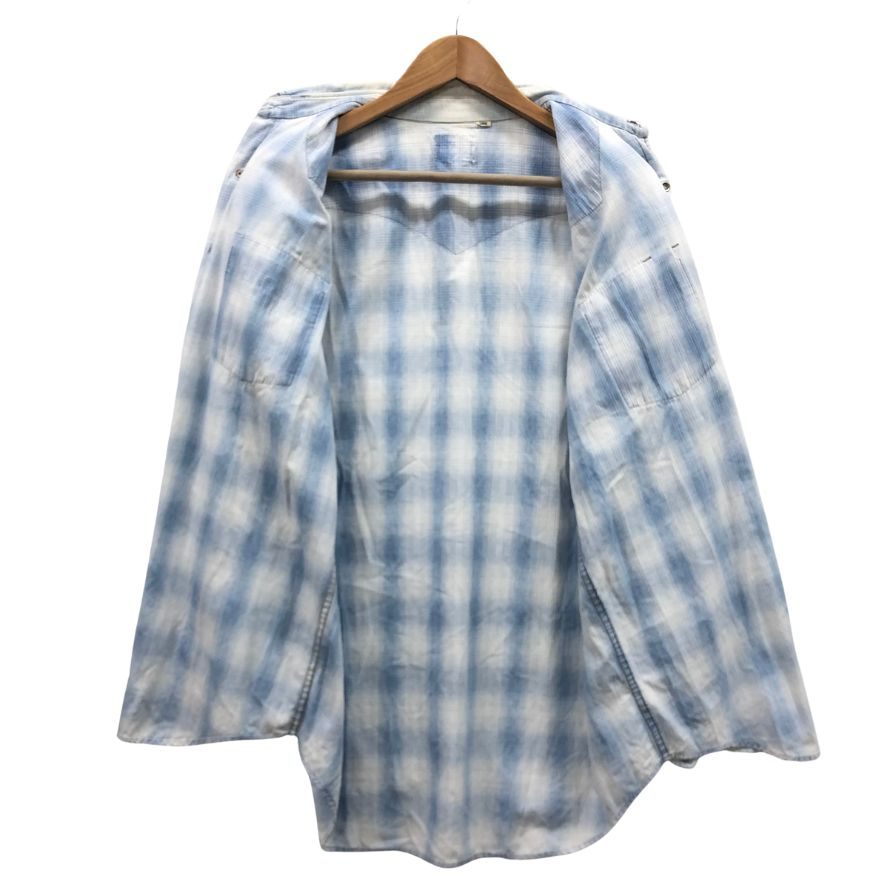 中古◆ノーブランド ヴィンテージ ウエスタンシャツ オンブレチェック ブルー系 タグなし メンズ サイズL 【AFB30】
