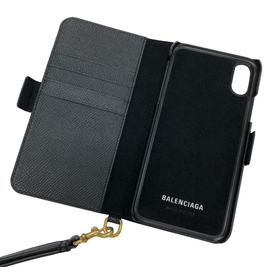 バレンシアガ スマホケース 手帳型 ブラック レザー iPhone X/XS ストラップ付 ユニセックス BALENCIAGA【AFB54】【中古】