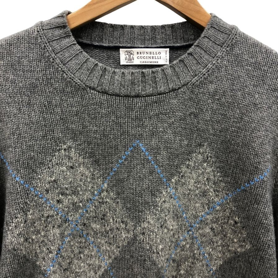 極美品◆ブルネロクチネリ セーター クールネック アーガイル柄 グレー ウールカシミヤシルク混 メンズ サイズ50BRUNELLO CUCINELLI 【AFB6】